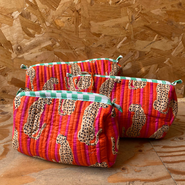 Quilted Wash Bag - Leopard Orange Stripes