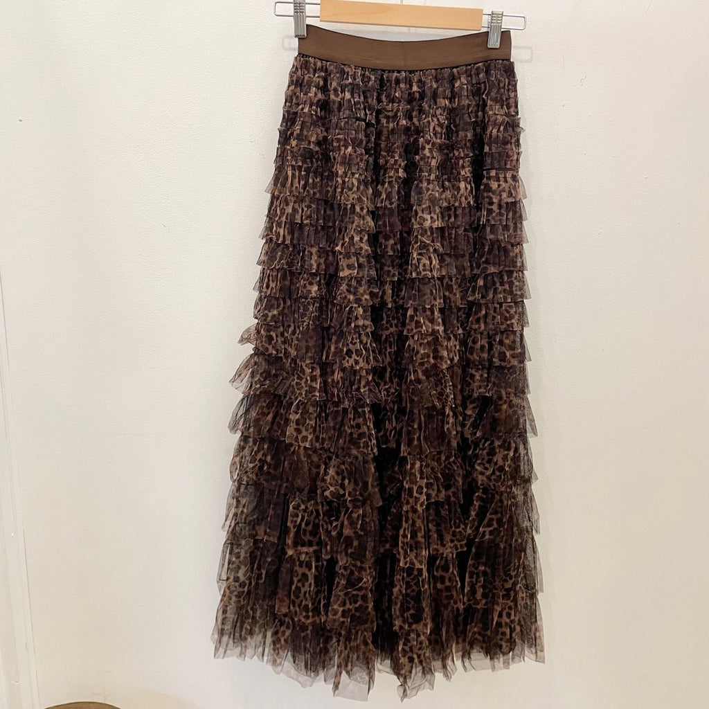 Leopard Tulle Layered Maxi Skirt Brown