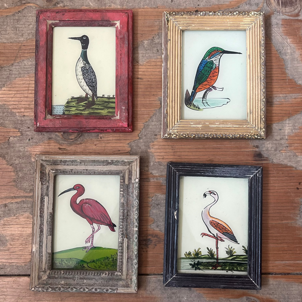 Vintage Glass Framed Painting Birds - Mini