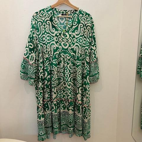 Trim Detail Patterned Smock Dress - Emerald