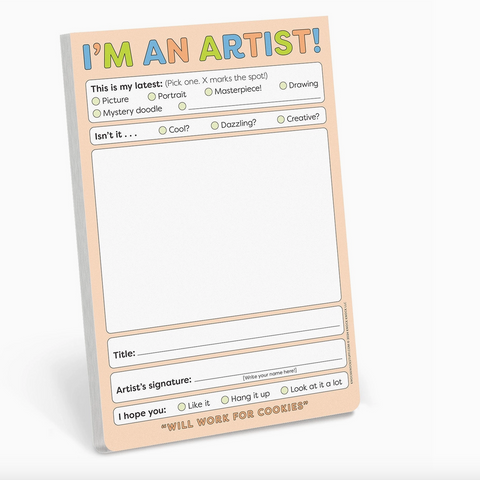 Notepad with 'I'm an Artist!' text and artistic prompts on a white background