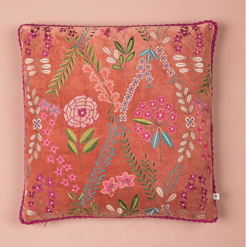 Ian Snow Dusty Rose Velvet Flower Embroidered Cushion