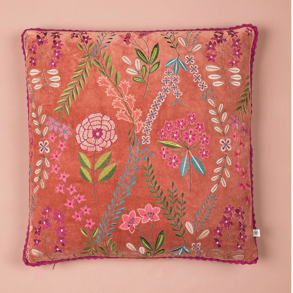 Ian Snow Dusty Rose Velvet Flower Embroidered Cushion