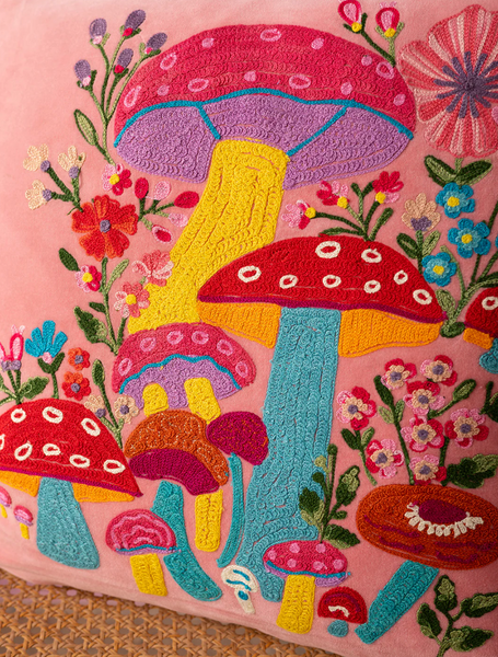 Ian Snow Pink Embroidered Toadstools Cushion Close