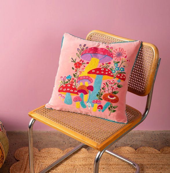 Ian Snow Pink Embroidered Toadstools Cushion Styled