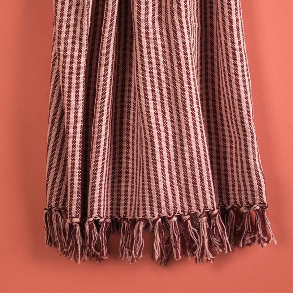 Ian Snow Plum & Dusty Rose Recycled Cotton Striped Throw with fringe