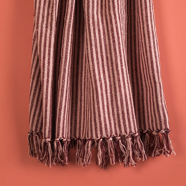 Ian Snow Plum & Dusty Rose Recycled Cotton Striped Throw with fringe