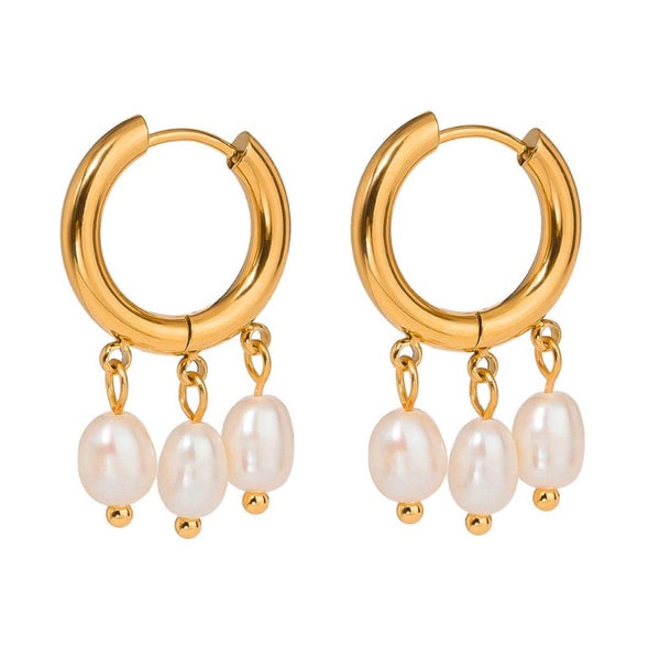 Triple Freshwater Pearl Drop Huggie In Gold