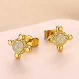 Natural Stone Stud Earring In Green & Gold