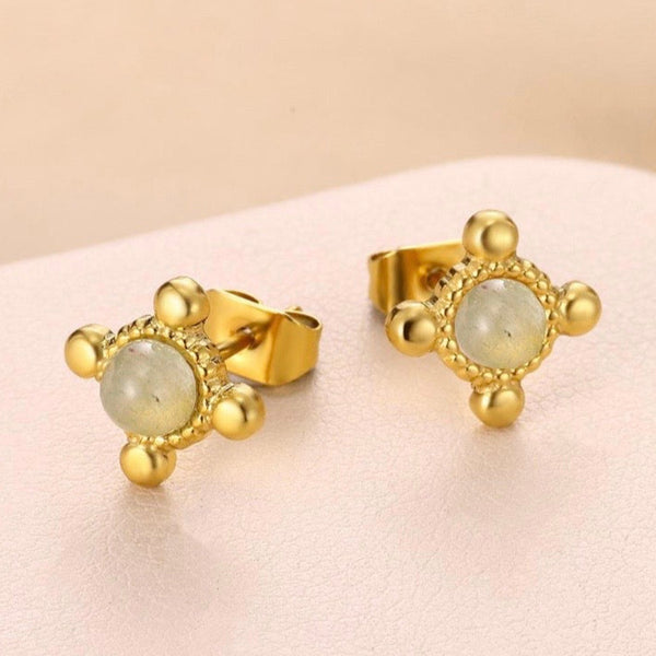 Natural Stone Stud Earring In Green & Gold