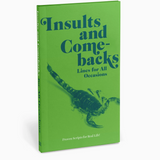 Book titled 'Insults and Comebacks' with a scorpion illustration on a green background