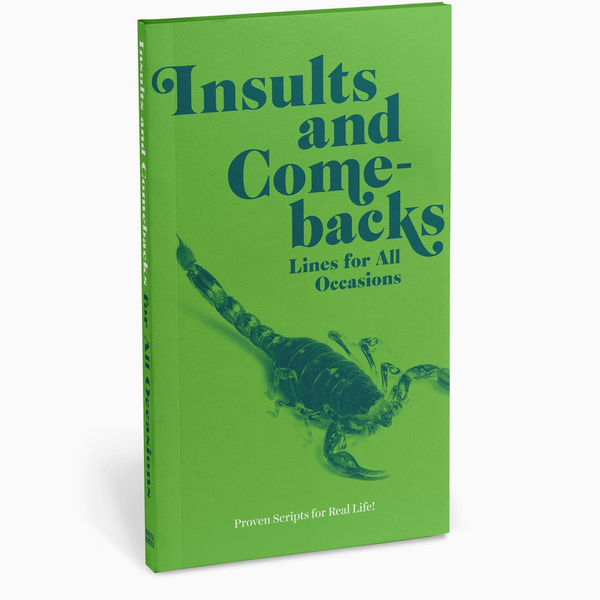 Book titled 'Insults and Comebacks' with a scorpion illustration on a green background