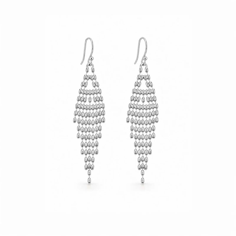 A pair of silver drop earrings with multiple tiers of small teardrop-shaped beads on a plain white background.