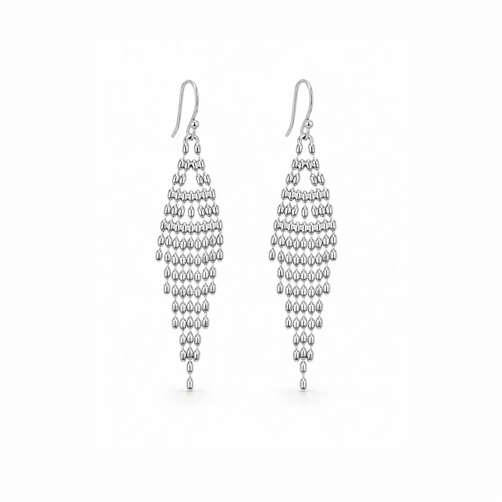 A pair of silver drop earrings with multiple tiers of small teardrop-shaped beads on a plain white background.