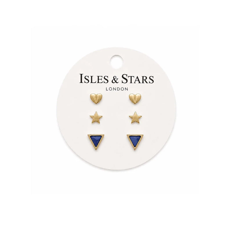 Isle & Stars 3 Sets of Triangle Stone, Star and Moon Stud Earrings in Gold