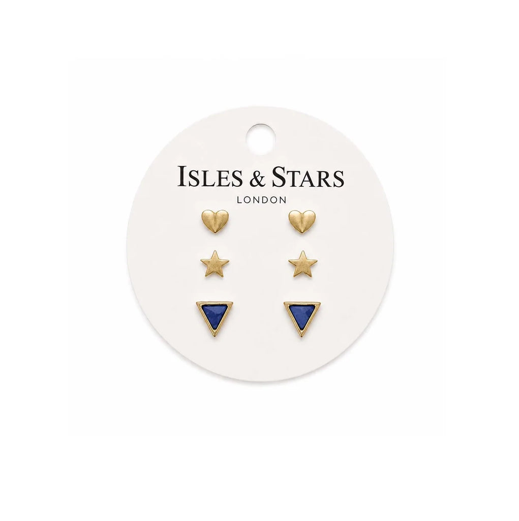 Isle & Stars 3 Sets of Triangle Stone, Star and Moon Stud Earrings in Gold