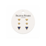 Isle & Stars 3 Sets of Triangle Stone, Star and Moon Stud Earrings in Gold