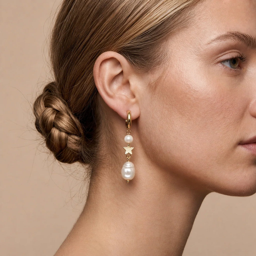 Isle & Stars Natural Pearl and Metal Star Drop Earrings In Gold
