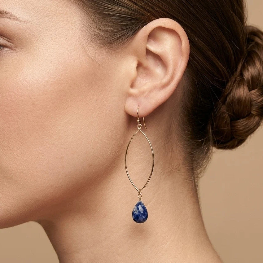 Isle & Stars Oval Wire Hoop with Stone Drop Earrings in Gold Sodalite 