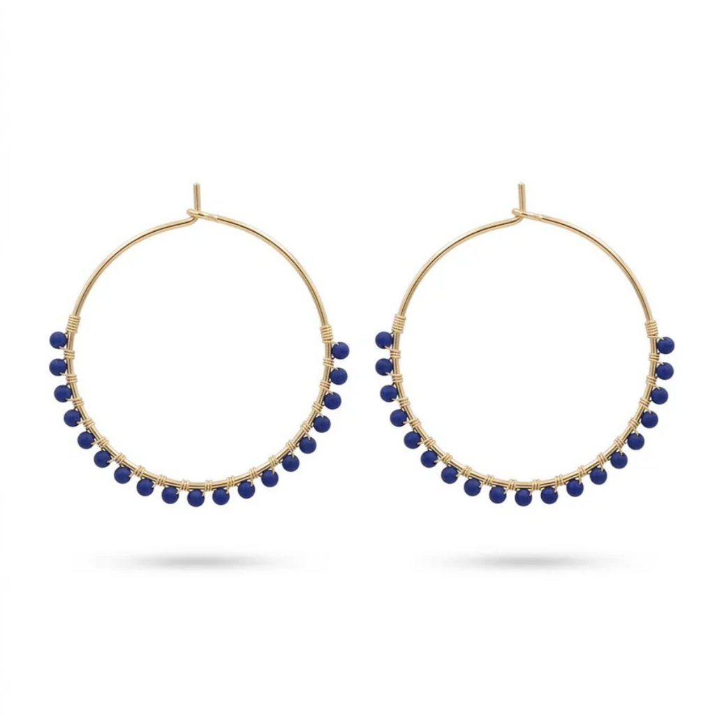 Isles & Stars Hand Wired Navy Beaded Brass Hoop Earrings In Gold