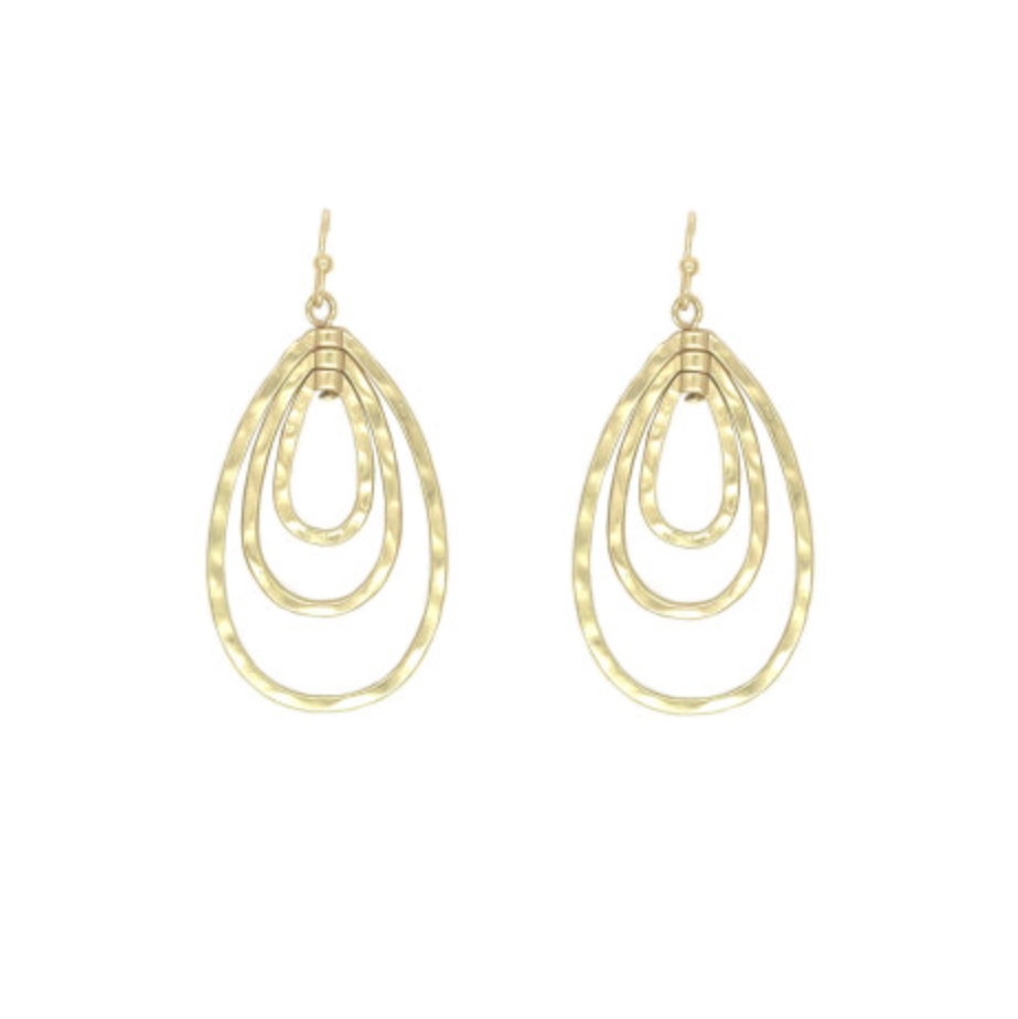 A pair of gold-colored hoop-shaped earrings with a triple drop shape on a white background.