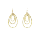 A pair of gold-colored hoop-shaped earrings with a triple drop shape on a white background.