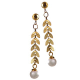 Hot Tomato Laburnam Leaves Drop With Water Pearl Earrings - Gold