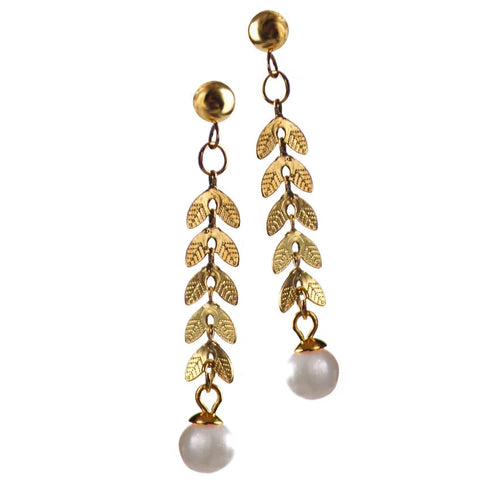 Laburnam Leaves Drop With Water Pearl Earrings - Gold