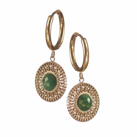 Filigree Round Cut Stone Earrings - Green