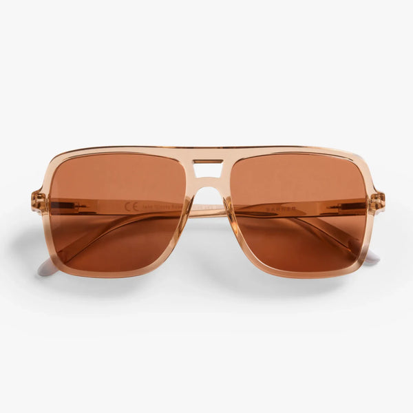 Sunglasses with brown lenses and gold frame on a white background