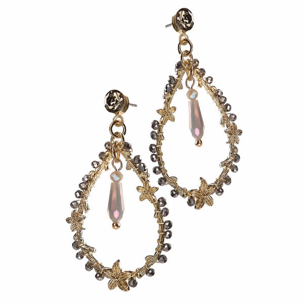 A pair of gold-toned teardrop dangle earrings decorated with small star-shaped charms, clear rhinestones, and a central iridescent pink teardrop bead, shown against a plain white background.