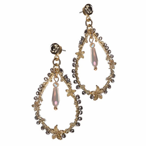 A pair of gold-toned teardrop dangle earrings decorated with small star-shaped charms, clear rhinestones, and a central iridescent pink teardrop bead, shown against a plain white background.