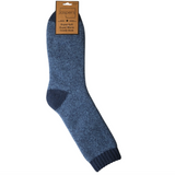 Blue sock with a visible brand label on a white background