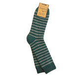 A single Jaspers sock in a dark teal green and light gray stripe pattern, shown with its paper header card on a plain white background.