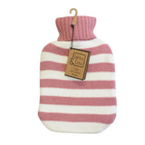 A pink and white horizontally striped hot water bottle cover with a pink ribbed turtleneck, hanging on a wooden hanger with a paper brand tag that reads 'Jess & Lou'.