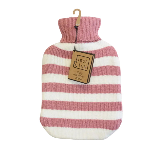 A pink and white horizontally striped hot water bottle cover with a pink ribbed turtleneck, hanging on a wooden hanger with a paper brand tag that reads 'Jess & Lou'.