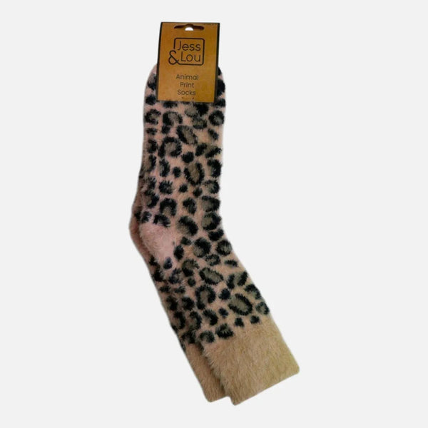 Jess & Lou Tan Fluffy Leopard Print Socks