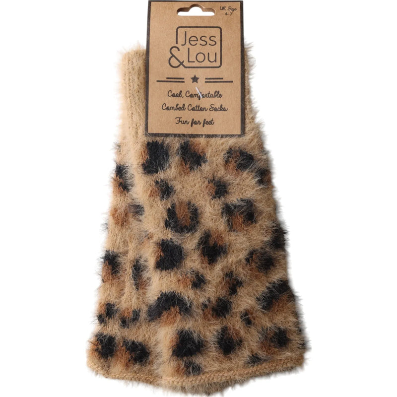 Jess & Lou Tan Leopard Fluffy Knit Fingerless Gloves
