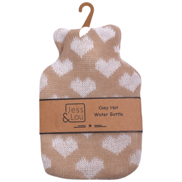 Cosy hot water bottle with heart pattern and 'Jess & Lou' branding on a white background