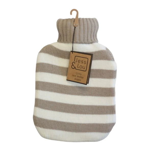 A striped hot water bottle wrapped in a ribbed knit turtleneck cover, hanging on a wooden hanger against a plain off-white background. The cover has alternating beige and off-white horizontal stripes, and a paper brand tag reading 'Jess & Lou' is attached.