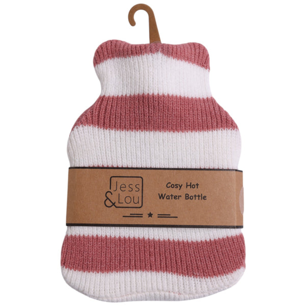 Knitted red and white striped hot water bottle with 'Jess & Lou' label on a white background