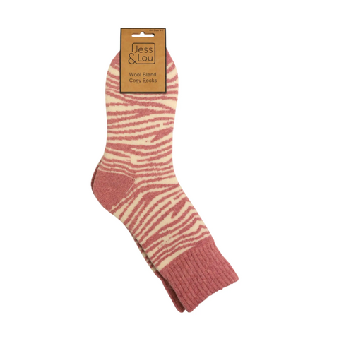 Jess and Lou Zebra Stripe pink socks Socks with a wavy horizontal stripe pattern in dusty rose pink and cream, featuring a brown paper hangtag with the brand name Jess & Lou.
