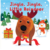 A children's board book cover titled 'Jingle, Jingle, Little Reindeer' showing a plush reindeer in a snowy winter scene with a snowman, gift box, evergreen trees, and red text at the top.