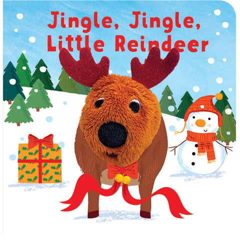 A children's board book cover titled 'Jingle, Jingle, Little Reindeer' showing a plush reindeer in a snowy winter scene with a snowman, gift box, evergreen trees, and red text at the top.