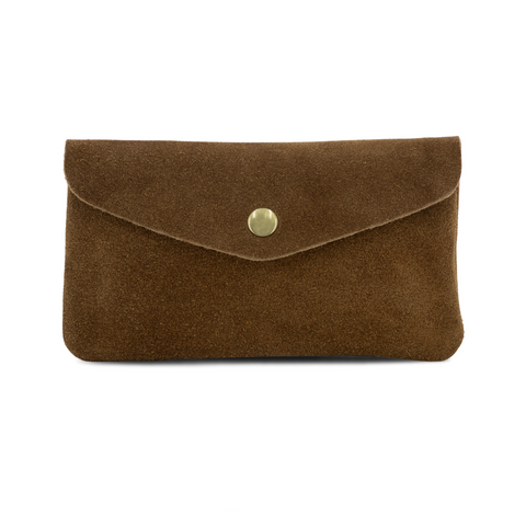 Large Suede Leather Button Purse - Brown