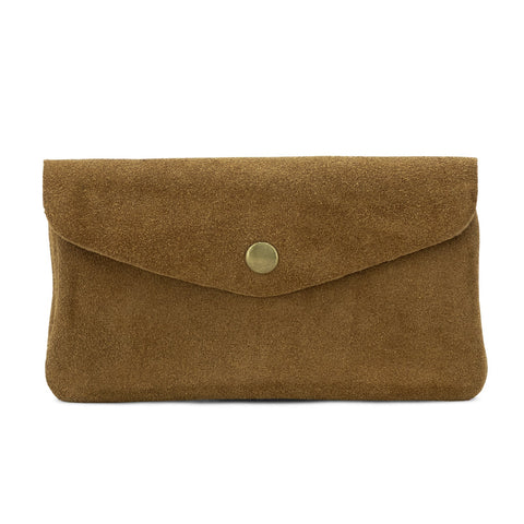 Large Suede Leather Button Purse - Dark Tan
