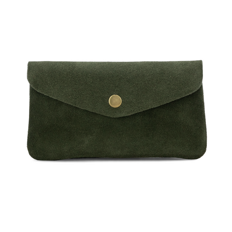 Large Suede Leather Button Purse - Olive Green
