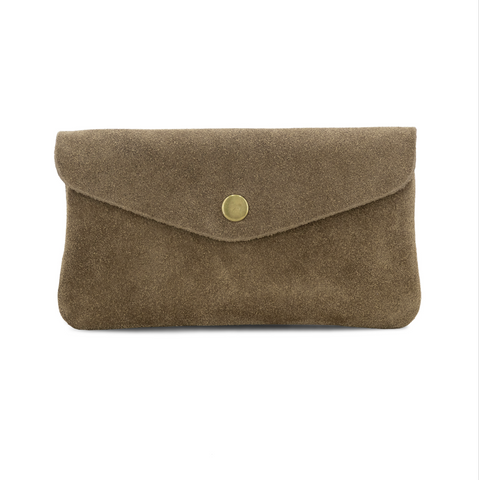 Large Suede Leather Button Purse - Taupe
