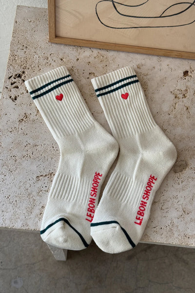 Le Bon Shoppe - Embroidered boyfriend socks - Parchment + Heart Pair