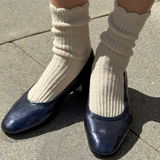 Le Bon Shoppe Linen Scallop Socks - Naturel on model with shoes